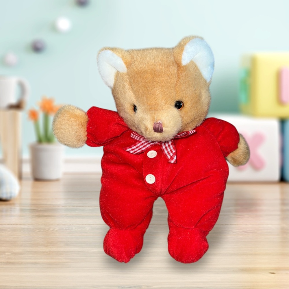 Vintage Eden Red Teddy Bear Lovey Plush Stuffed Animal Gingham Red Checkered Bow